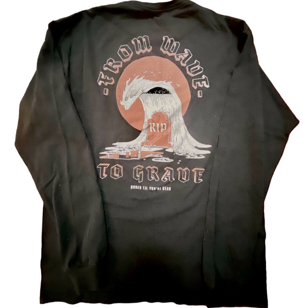 RARE CHOMP Brand Men’s Long Sleeve T-shirt ‘From Wave to Grave’ Surf Size Medium
